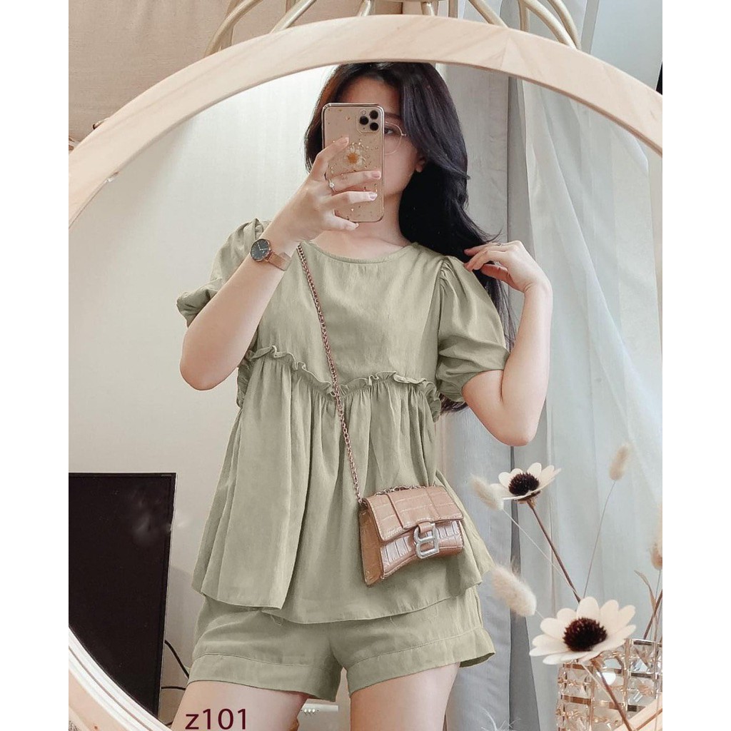 Bộ đũi tơ viền bèo babydoll xanh cho nữ SETN374