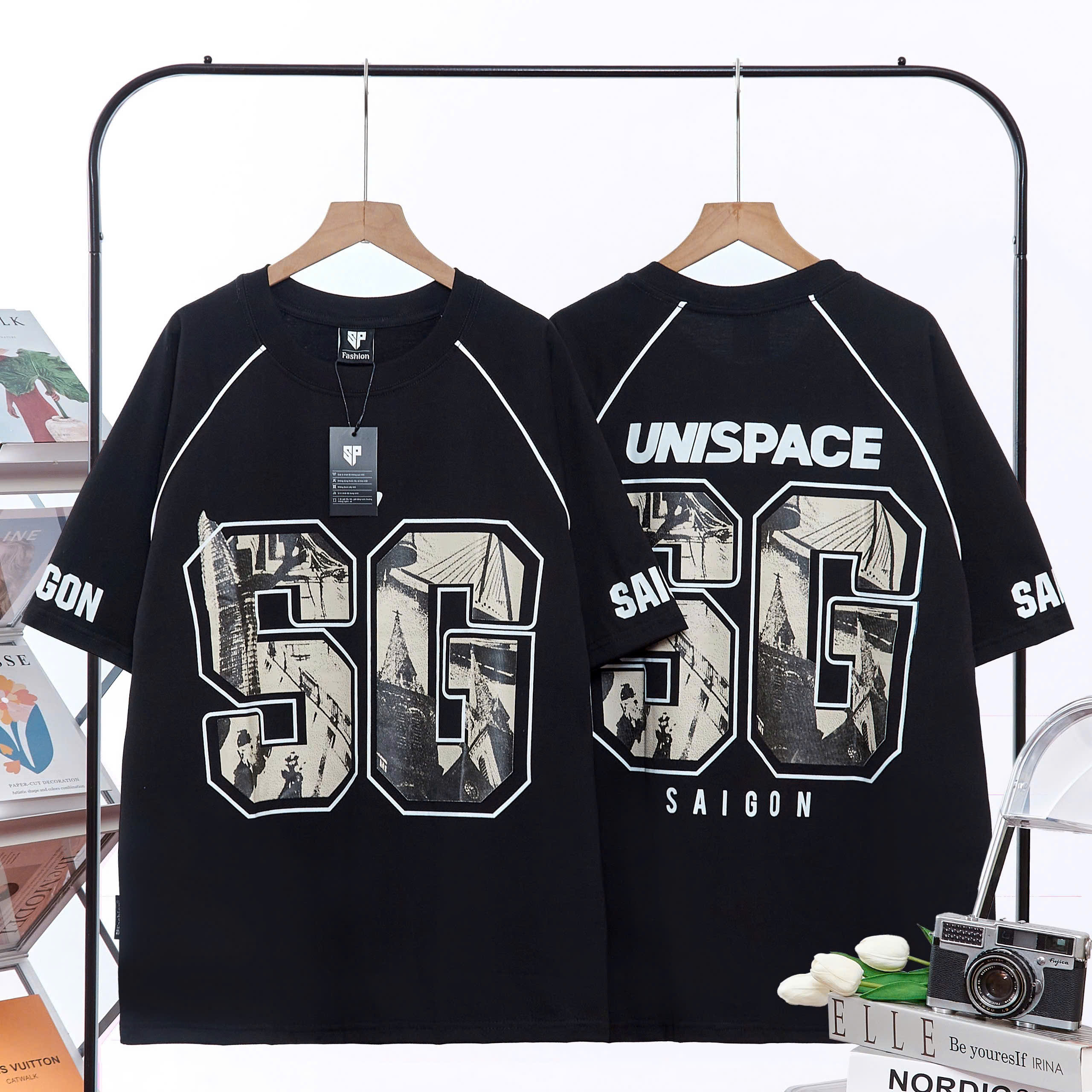 Áo phông nam nữ form rộng 2N Unisex thun cotton in SG màu be/đen/xám/đỏ/đỏ mận