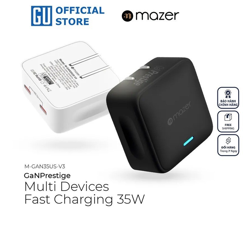 Củ sạc nhanh Mazer GanPrestige 35W US Wall Charger Siêu Nhỏ 02 Cổng USB-C Có Đèn Led Báo Sạc Nhanh Hàng Chính Hãng