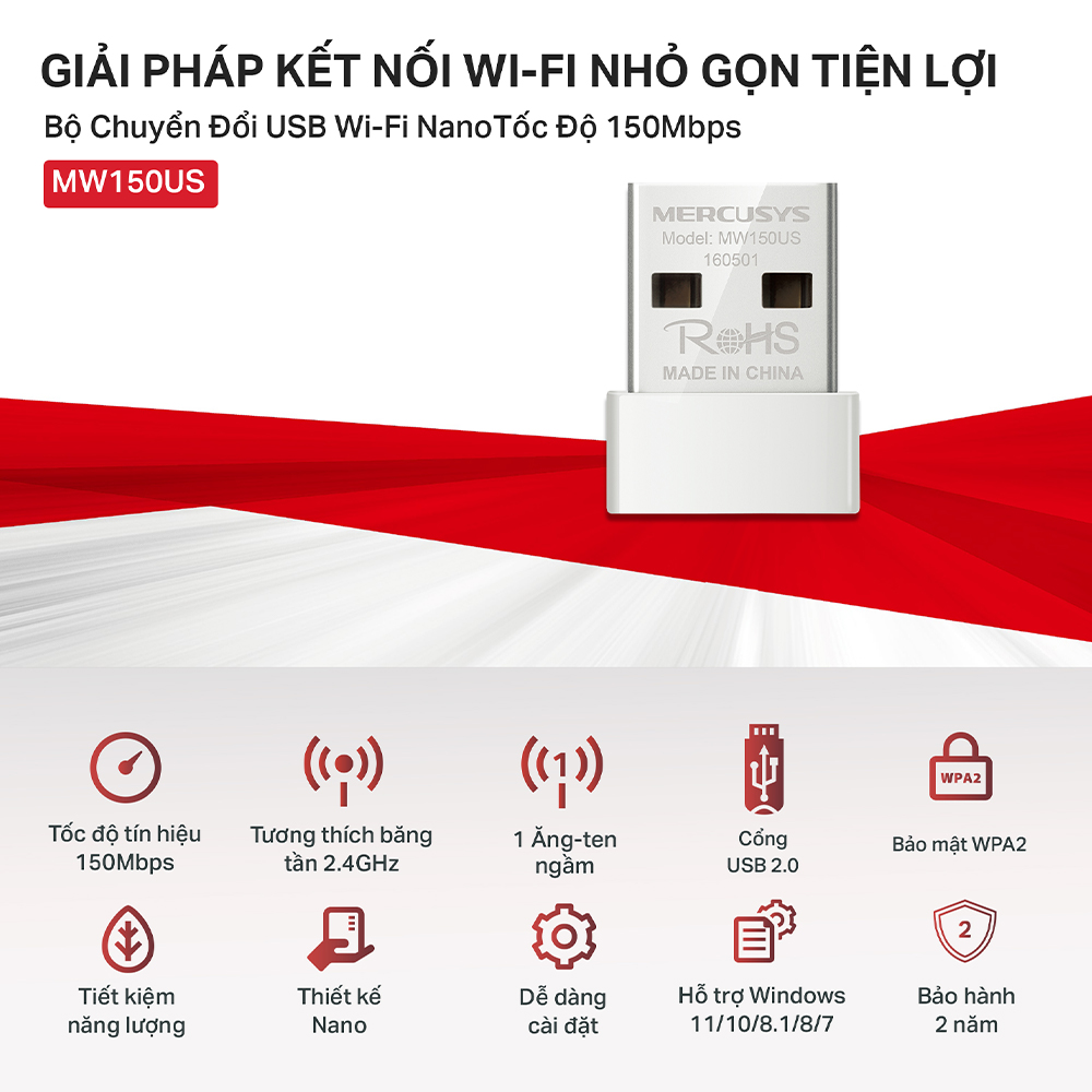 Bộ Chuyển Đổi Wifi Mercusys MW150US USB Wifi Nano N150 - Hàng Chính Hãng