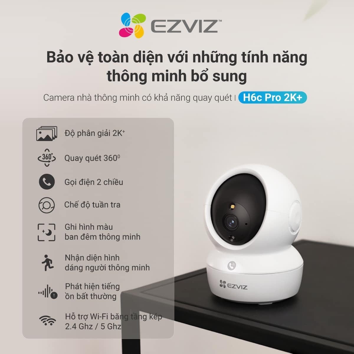 Camera 2 Mắt trong nhà EZVIZ H7C 8MP có màu ban đêm, quay 360 độ, đàm thoại 2 chiều-Hàng chính hãng