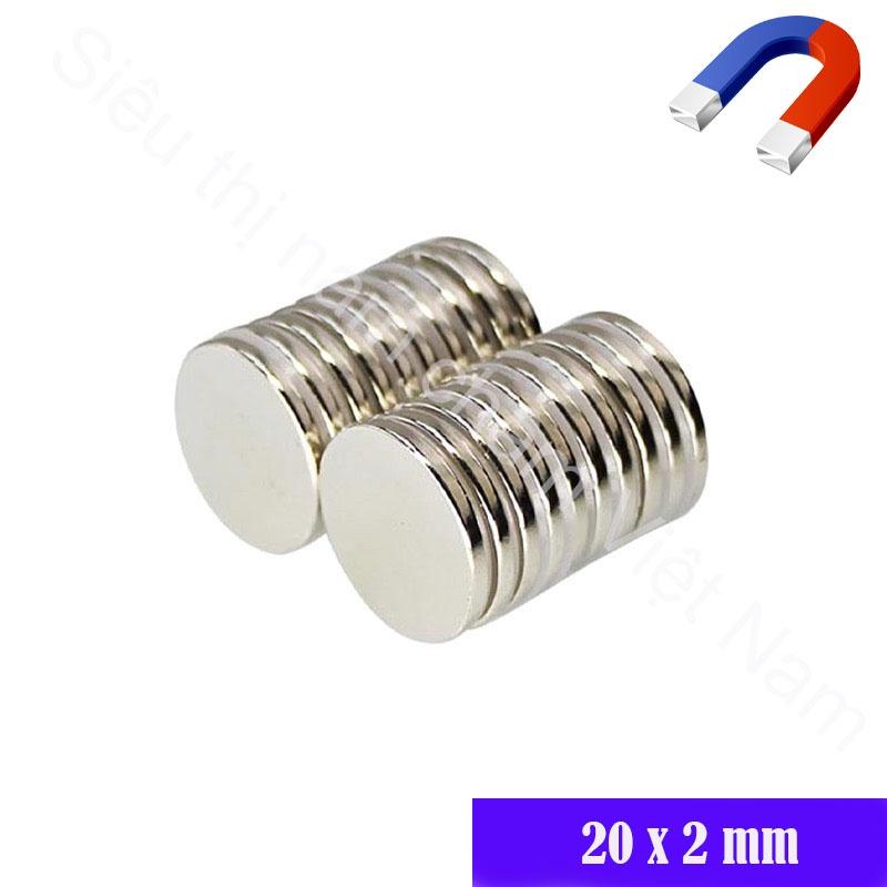 Nam châm 20x2mm set 10v viên, nam châm viên hình tròn màu trắng bạc siêu mạnh