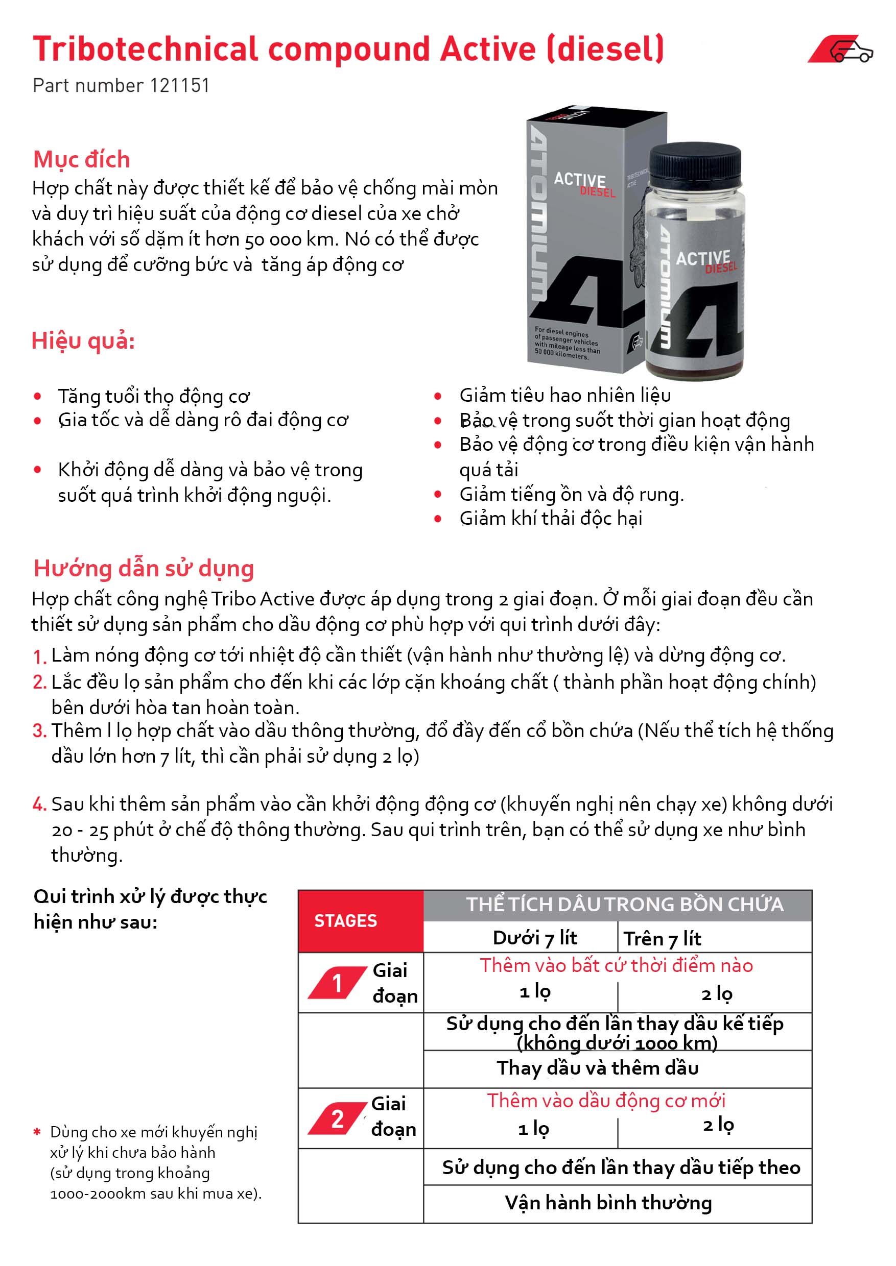 NANO PHỤC HỒI, BẢO VỆ ĐỘNG CƠ DIESEL - ATOMIUM ACTIVE DIESEL (Cho số dặm dưới 50,000km)