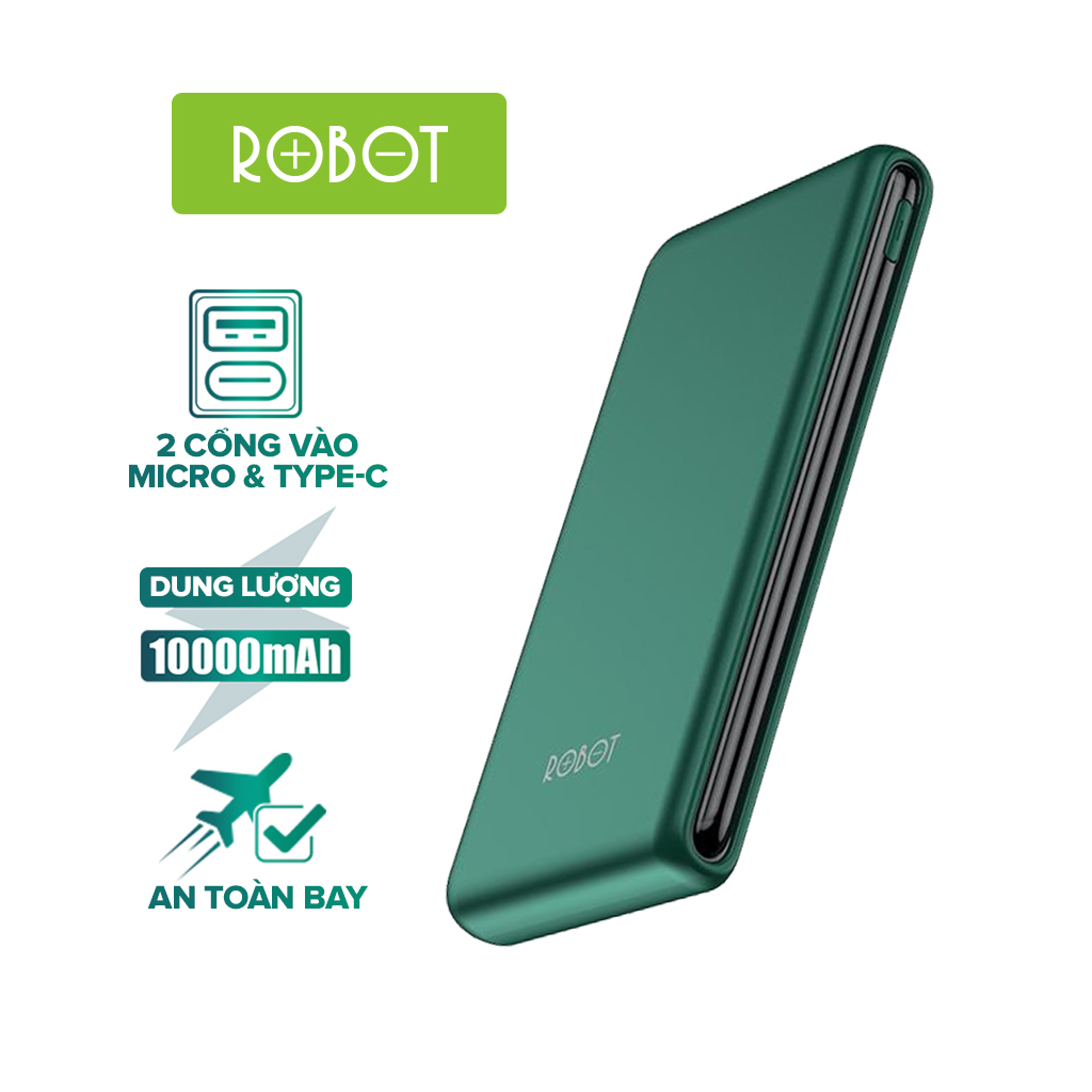 Pin Sạc Dự Phòng 10.000mAh ROBOT RT180 - 2 Cổng Sạc Vào Type-C/Micro, Kích Thước Mỏng và Nhẹ - HÀNG CHÍNH HÃNG