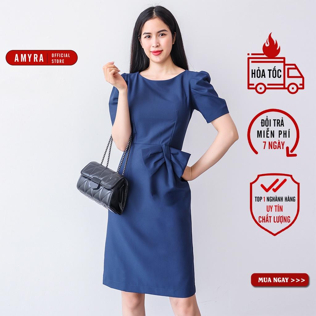 Đầm trung niên sang trọng cao cấp dáng body AMYRA, thiết kế dự tiệc ôm tay phồng nơ eo che bụng xanh navy cho mẹ DA161