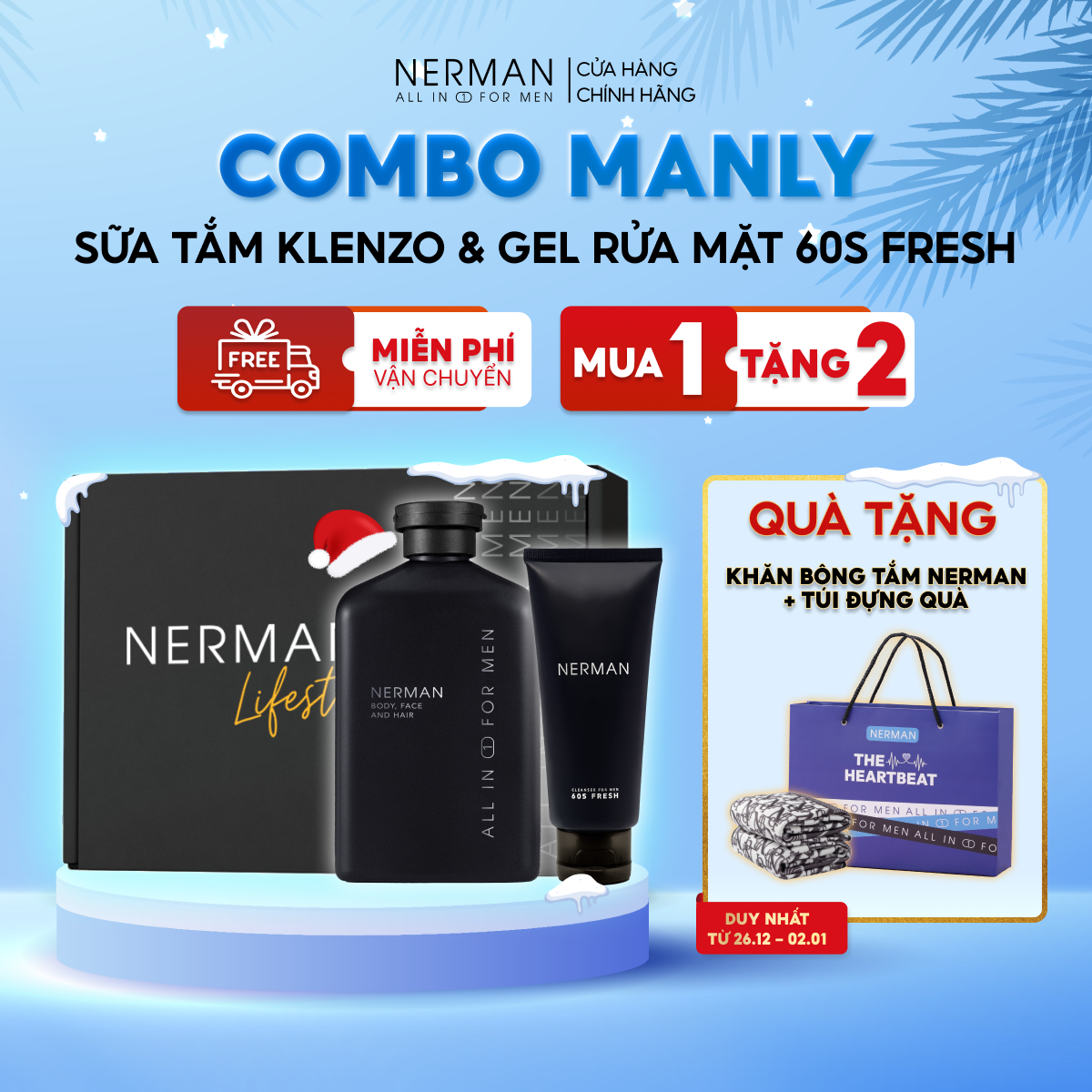 Combo Manly Nerman - Sữa tắm gội hương nước hoa cao cấp 350ml & Gel rửa mặt ngừa mụn 100ml