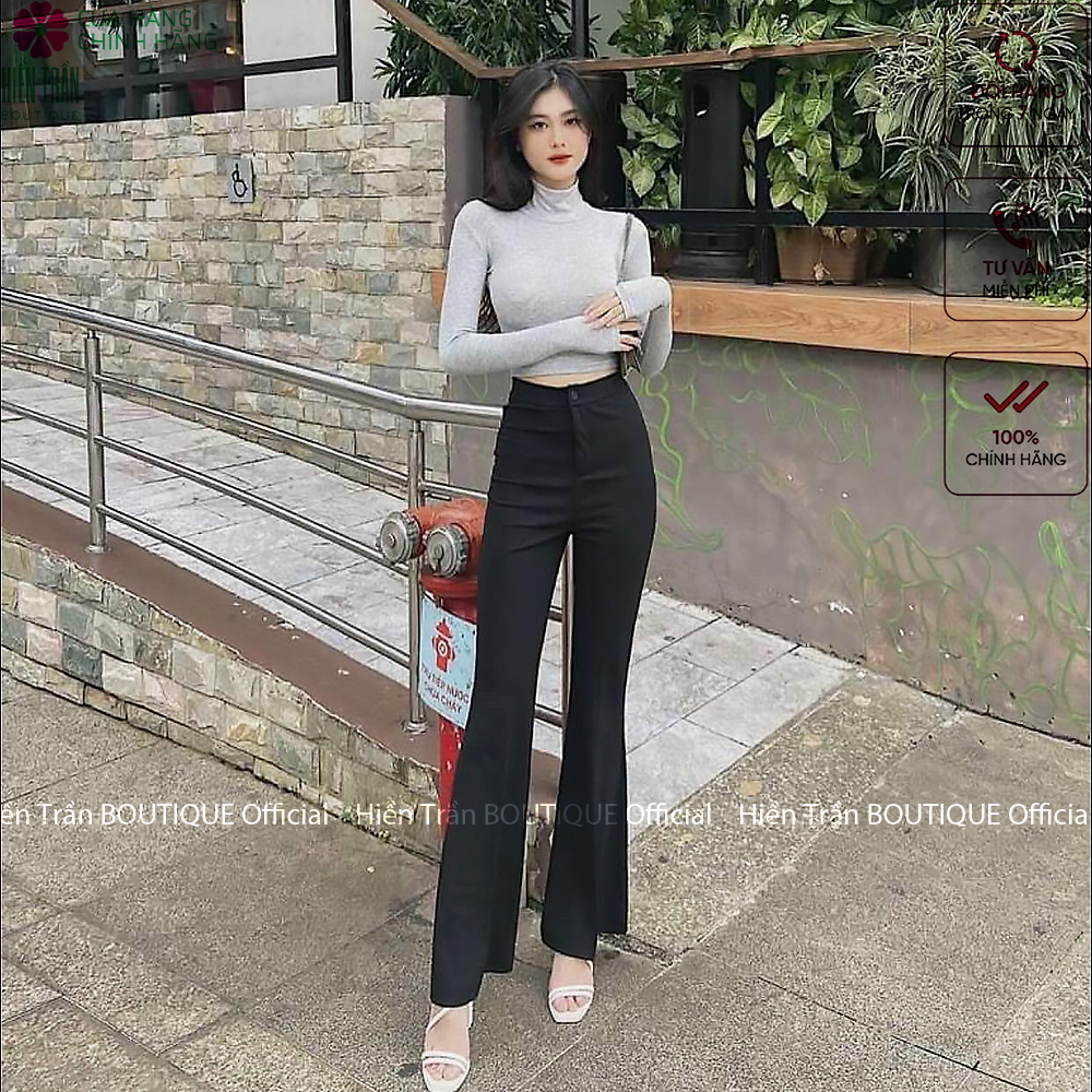 Quần ống rộng Hiền Trần BOUTIQUE lưng cạp cao 1 cúc baggy vải nữ dài suông loe culottes màu đen nâu cafe