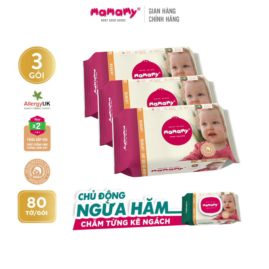 Combo 3 gói khăn ướt Mamamy 80 tờ/gói bổ sung (không nắp) ngừa hăm, kháng khuẩn an toàn cho bé