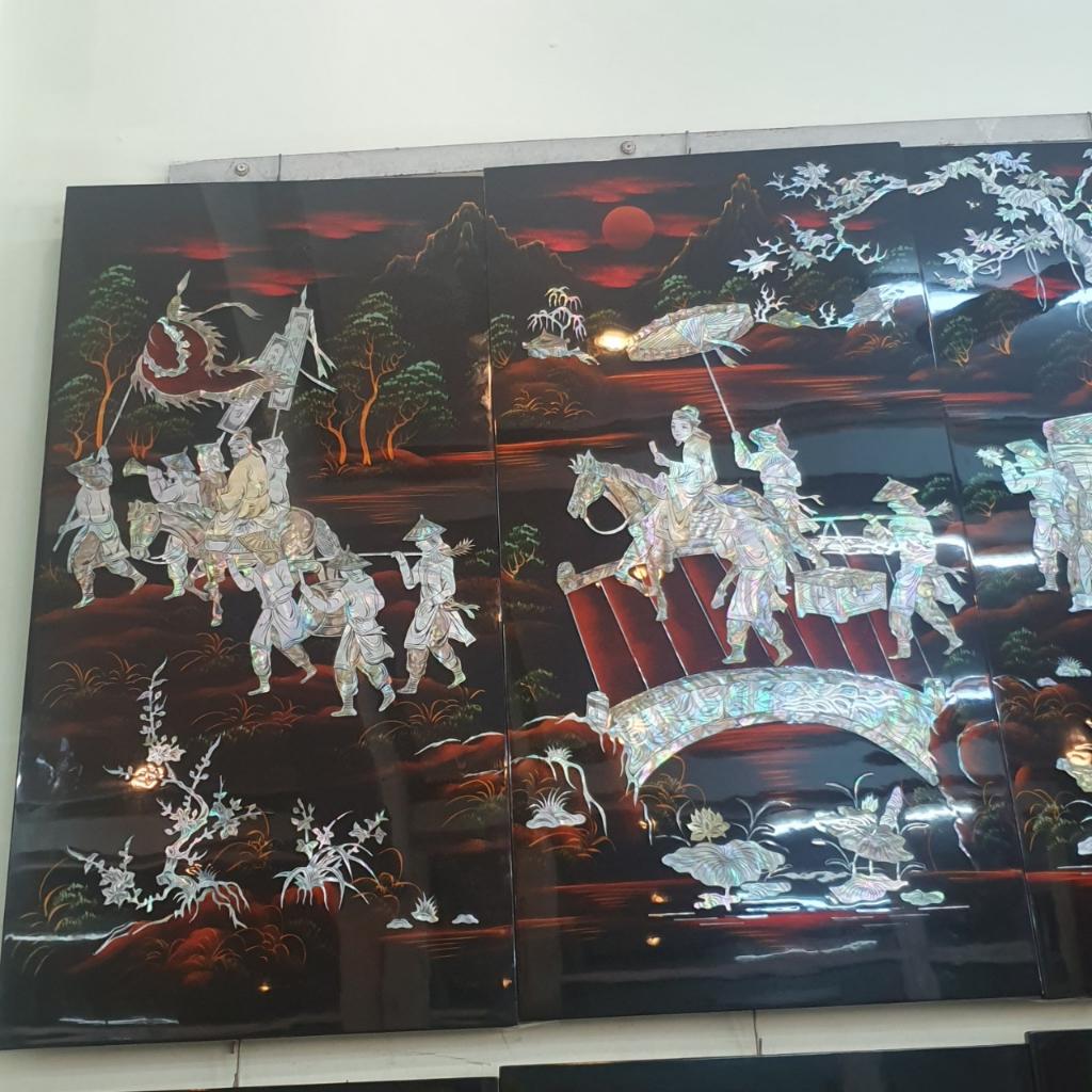 Tranh sơn mài Bộ 4 tấm Vinh Quy Bái Tổ cẩn ốc xà cừ, hàng đẹp, hàng xuất khẩu size 80x160 cm