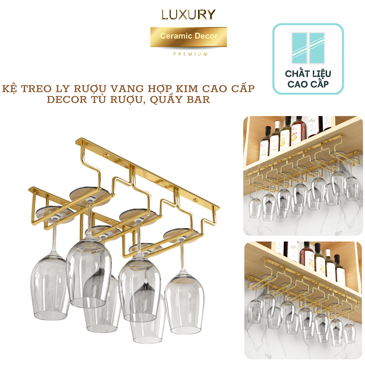 Giá Treo Ly Rượu Inox Mạ Vàng Quầy Bar 9-12 Ly Cao Cấp - Hàng Nhập Khẩu