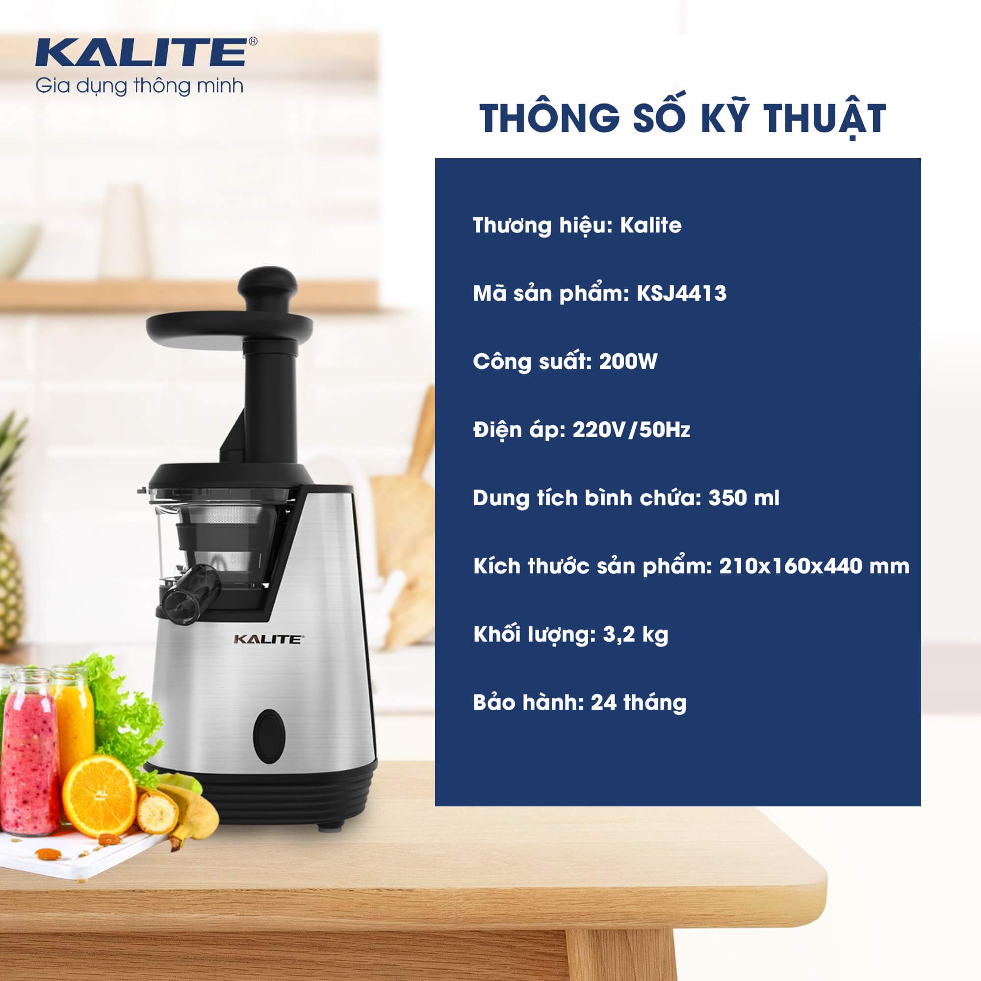 Máy Ép Chậm Kalite KSJ4413 Công Nghệ Châu Âu Dung Tích 350 ML Công Suất 20 0W - Hàng Chính Hãng