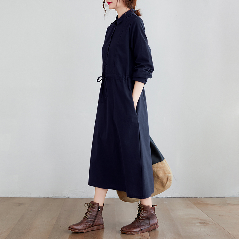 Đầm suông cổ sơ mi dài tay rút eo, chất vải linen tự nhiên mềm mại, thời trang thu đông ARCTIC HUNTER AH175