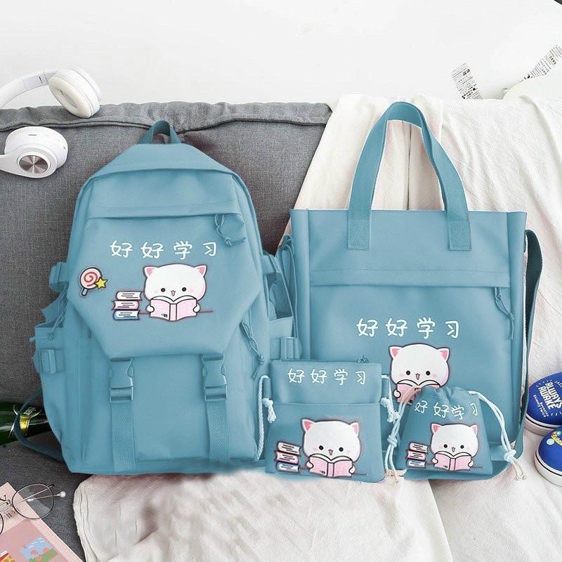 Set balo 4 món mèo cute đọc sách