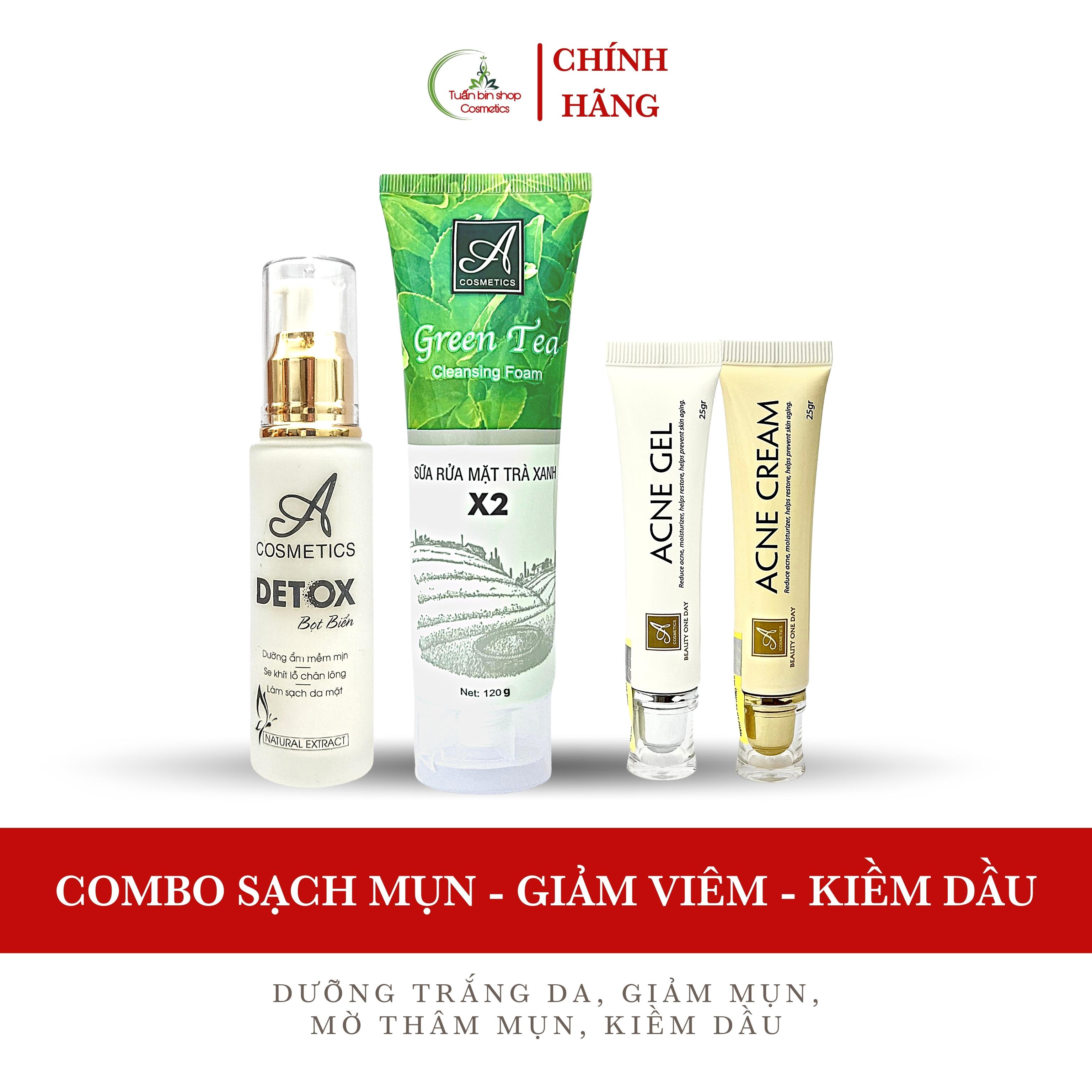 Combo kem giảm mụn, thải độc da, kiềm dầu Acosmetics, kem giảm mụn siêu tốc, detox bọt biển, sữa rửa mặt trà xanh x2 220g