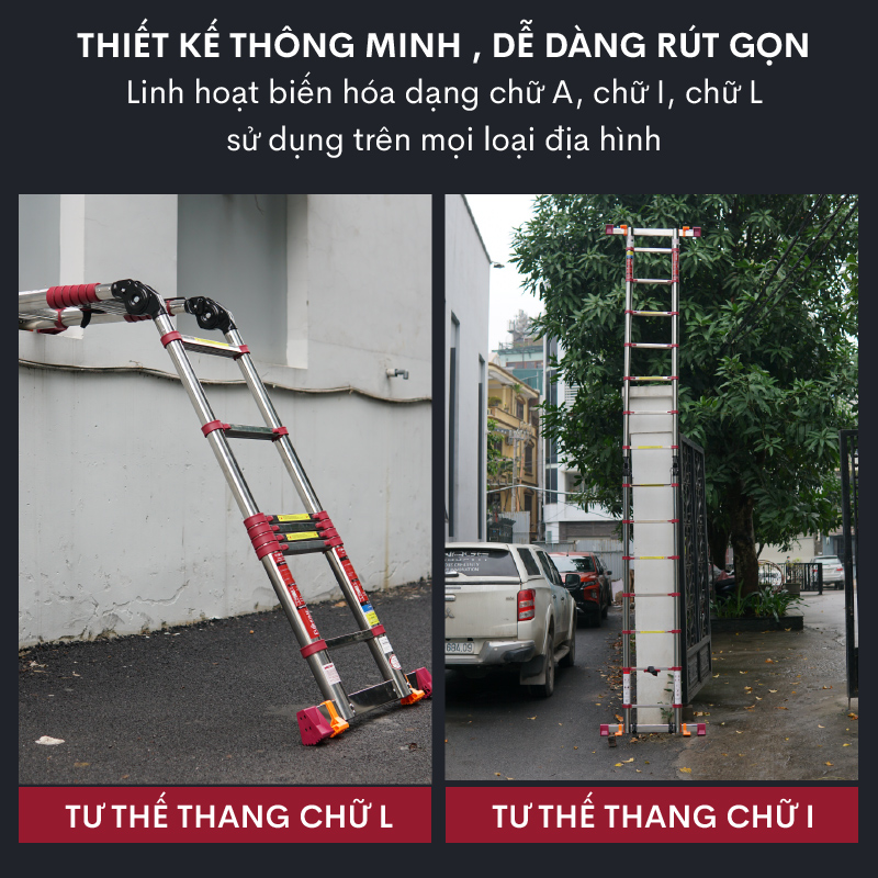 Hình ảnh Thang rút đôi chữ A inox 5M nhập khẩu FUJIHOME TLA08IR, chốt khóa tự động an toàn, có bánh xe di chuyển tiện lợi - Hàng chính hãng
