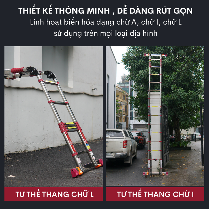 Thang rút đôi chữ A inox 5M nhập khẩu FUJIHOME TLA08IR, chốt khóa tự động an toàn, có bánh xe di chuyển tiện lợi - Hàng chính hãng