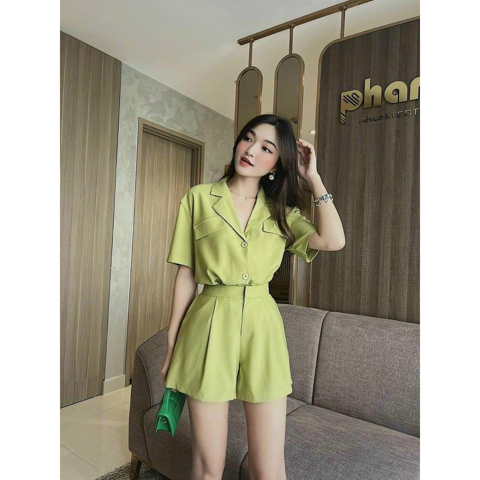 Sét vest nữ ngắn tay phối quần ống rộng xinh xắn 4 màu sắc .