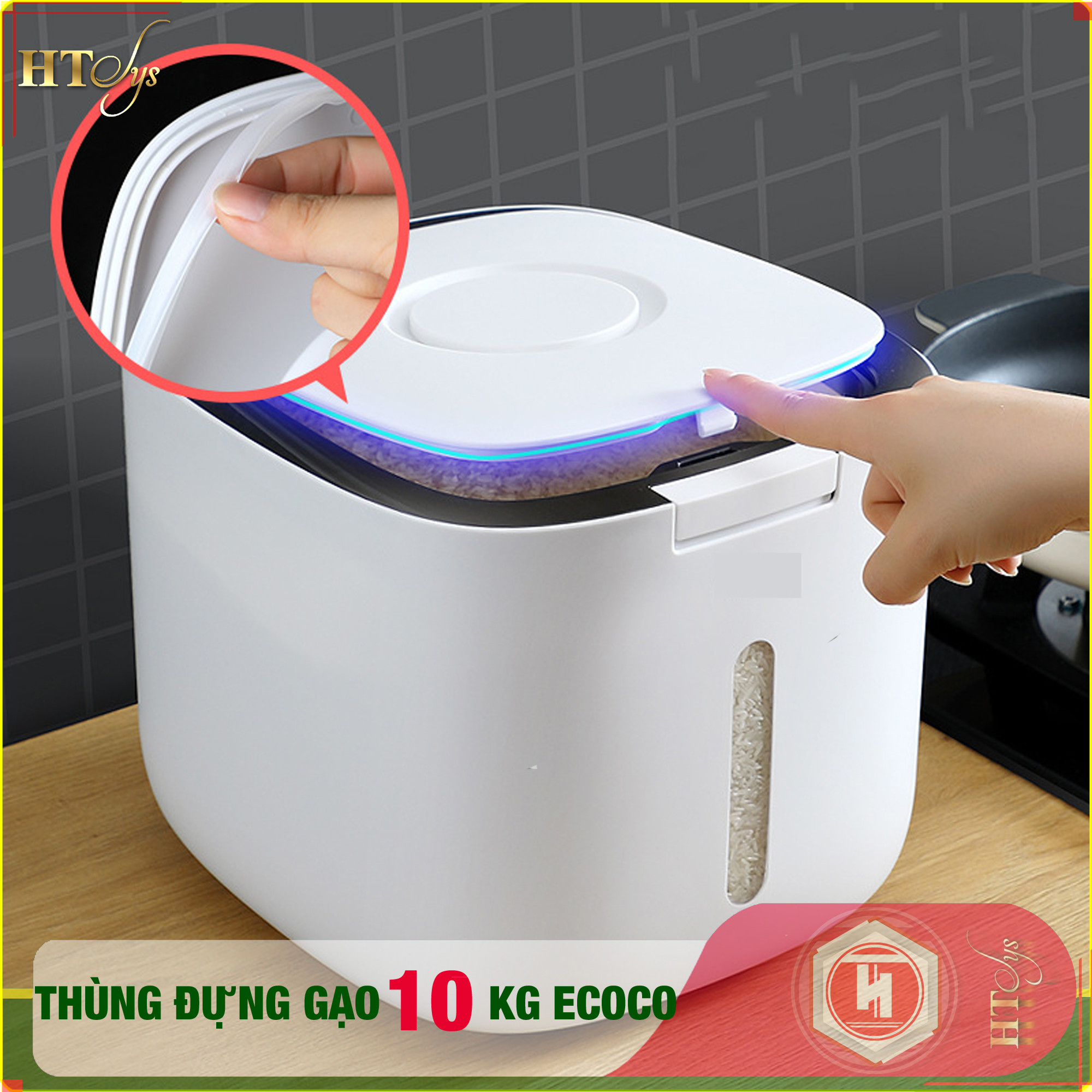 01 Thùng đựng gạo thông minh 10kg HT SYS -  ECOCO - E2005, thiết kế dạng nhấn nút, chất liệu ABS cao cấp + 01 Vỉ móc Vàng Tài Lộc + 04 Khăn lau siêu thấm