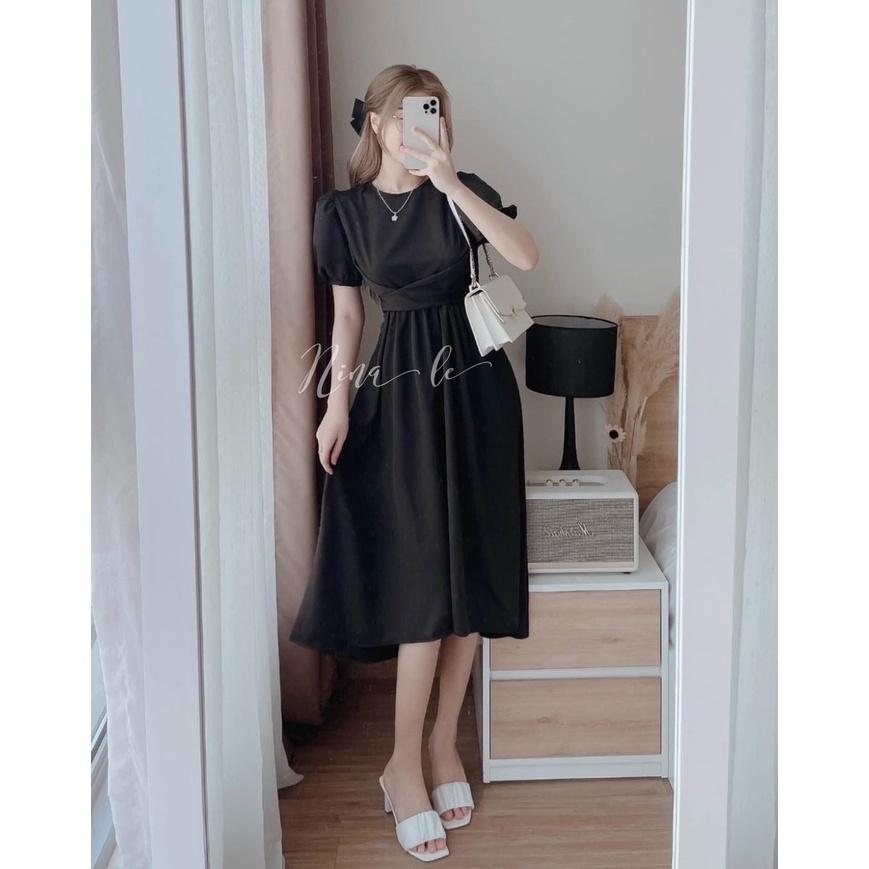 Đầm xoè đũi nhún eo nơ lưng tay phồng xinh xắn