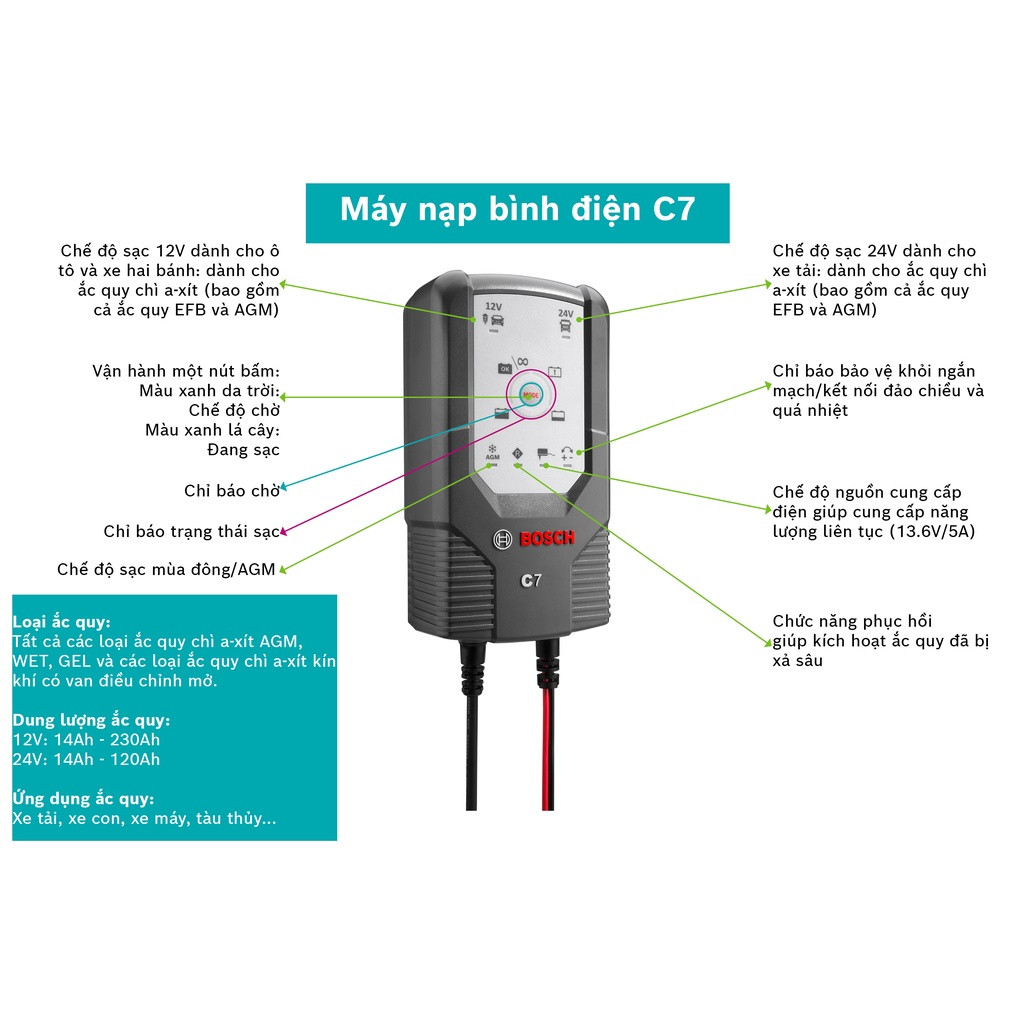 Máy Sạc Bình Điện Cho Ô Tô Xe Tải BOSCH C7 (12V – 24V) – 06 Chế Độ Sạc