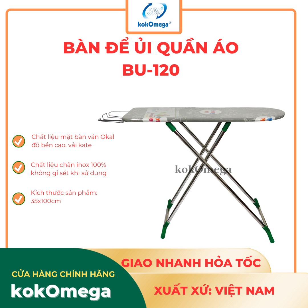 Bàn Để Ủi Quần Áo Kiểu Đứng Lót Ván kokOmega BU-120 F25 35 x 100 Cm (Họa Tiết Ngẫu Nhiên)