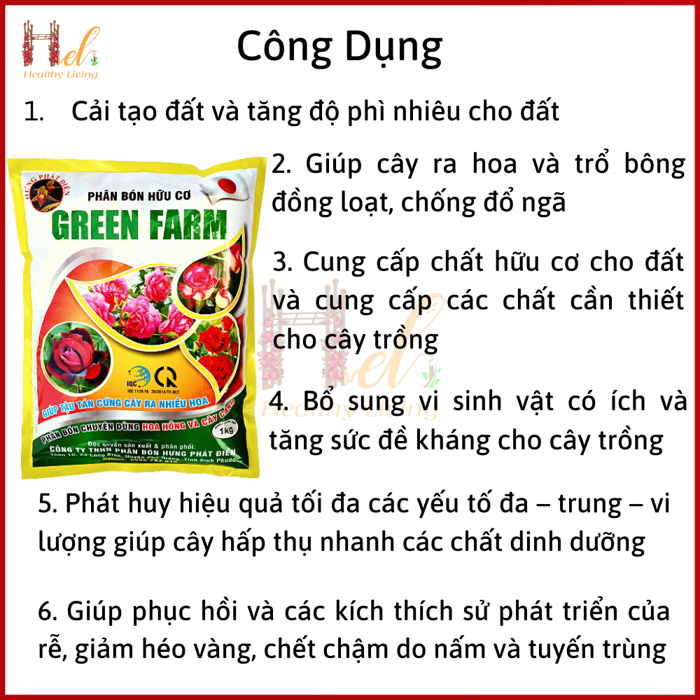 Phân Bón Hữu Cơ Hoa Hồng Phân Bón Hoa Hồng, Cây Cảnh GREEN FARM Gói 1kg