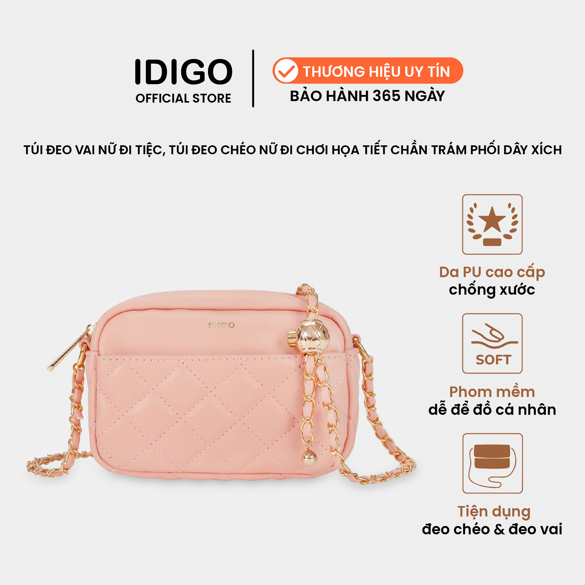 Túi đeo vai đi tiệc, túi đeo chéo nữ đi chơi chần trám phối dây xích IDIGO FB2-4320