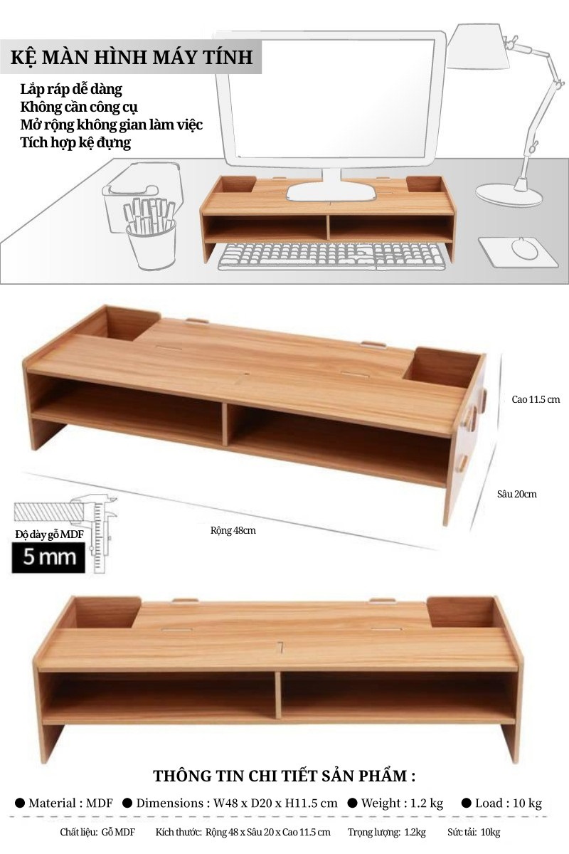 Kệ để màn hình máy tính laptop bằng gỗ kèm hộc cắm viết - kệ máy tính để bàn - kệ laptop để bàn - kệ hồ sơ để bàn