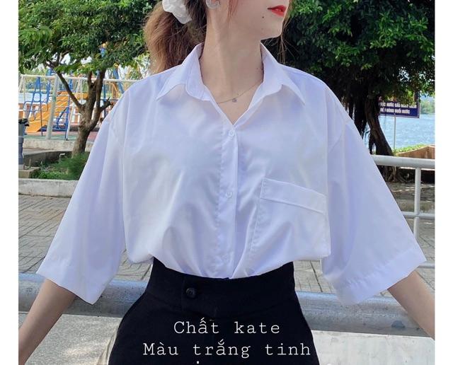 Áo Sơ Mi Trắng Tay Lỡ Có Túi Unisex Full Size