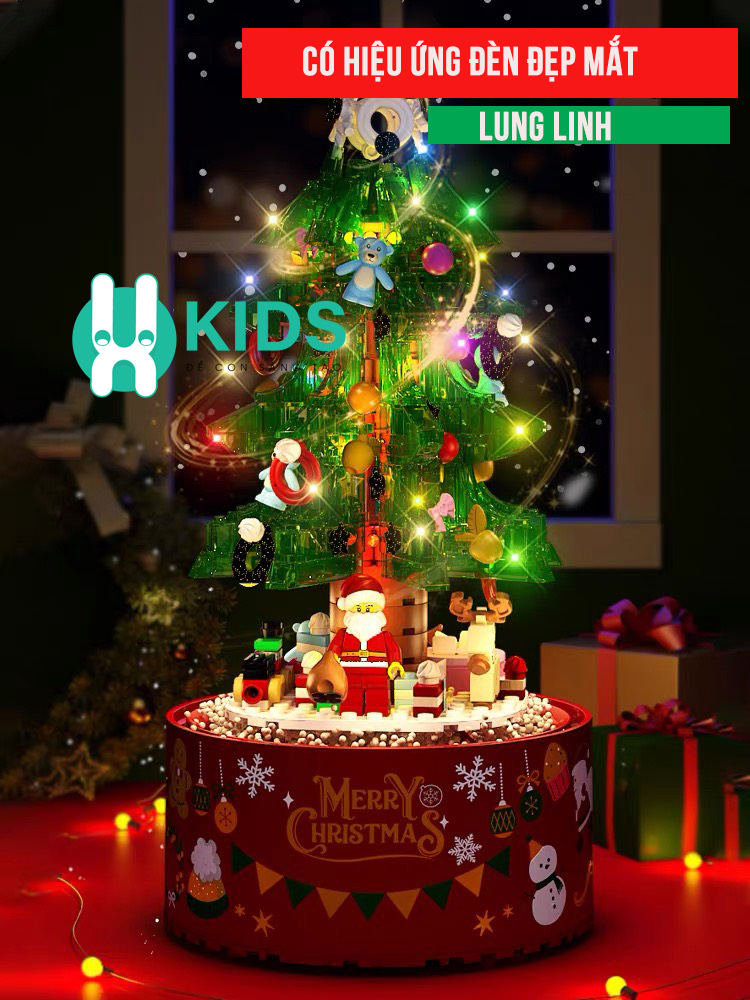 Hộp nhạc quà tặng noel cây thông giáng sinh lắp ráp trang trí DIY cỡ lớn có đèn phun tuyết tự động, xoay 360 siêu đẹp
