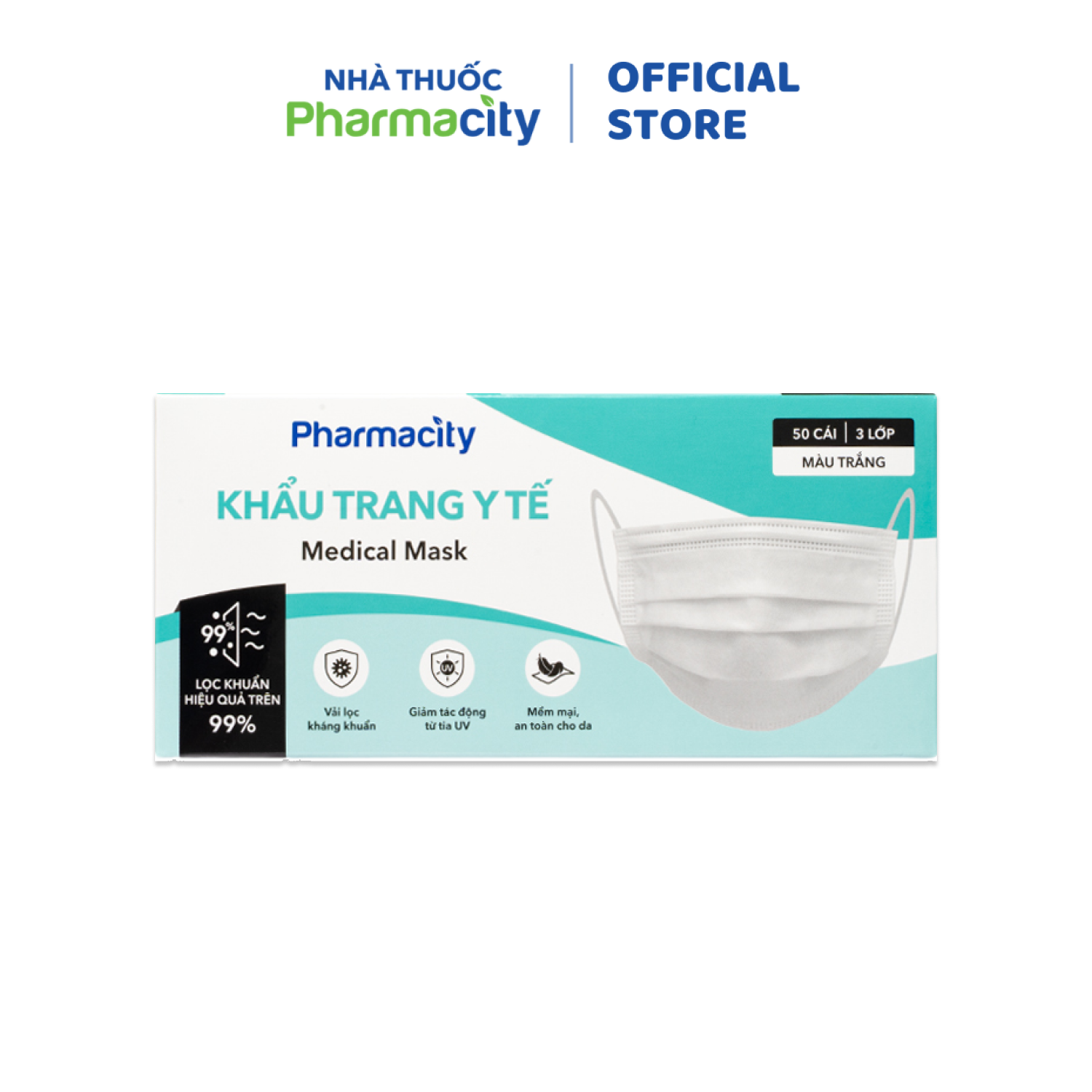 Khẩu trang y tế 3 lớp Pharmacity (Hộp 50 cái) màu trắng