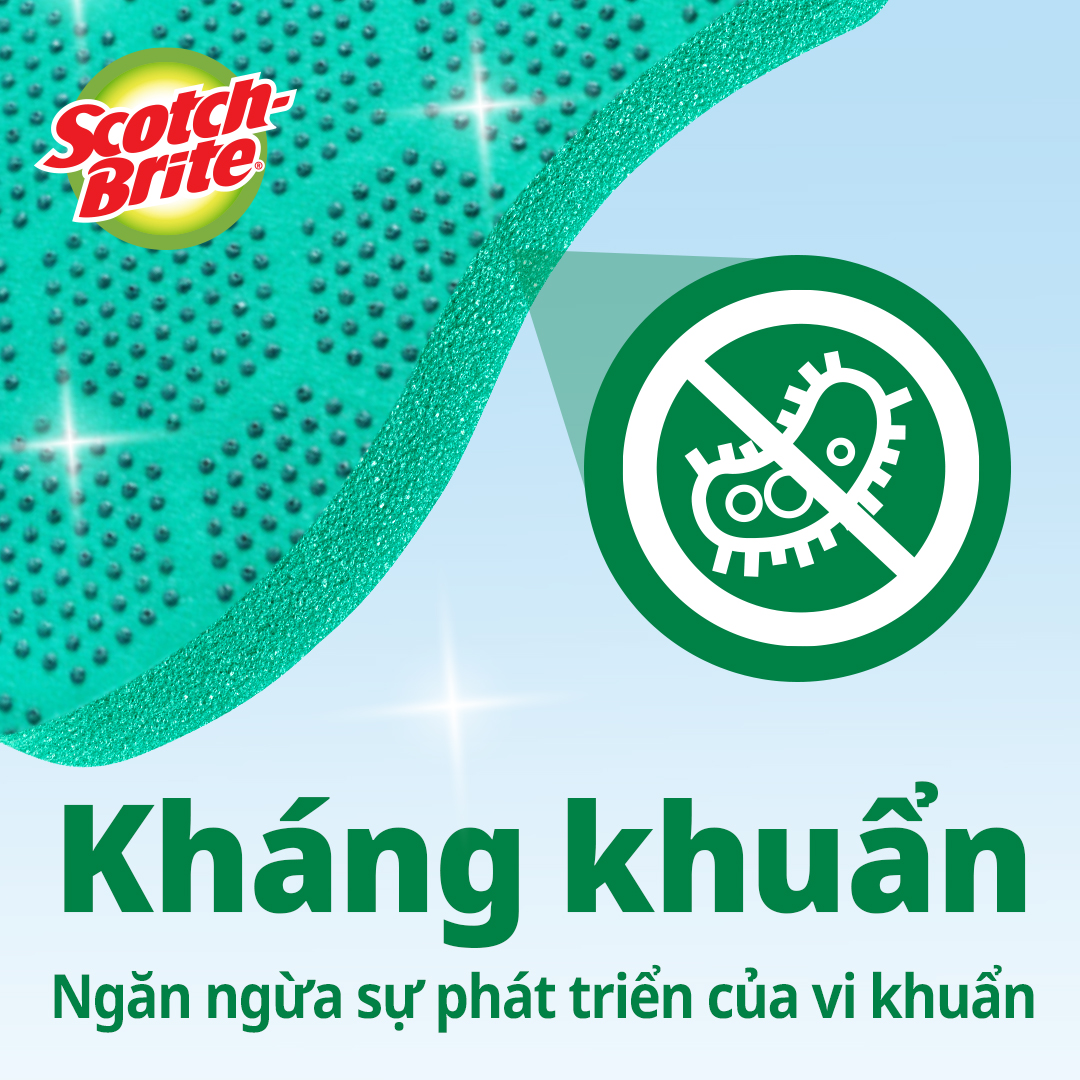 Miếng rửa chén hạt nổi siêu sạch Scotch Brite 3M đa năng, công nghệ độc quyền mới, mút kháng khuẩn ngăn vi trùng, không gây mùi, không bám cặn bẩn, dễ dàng vệ sinh