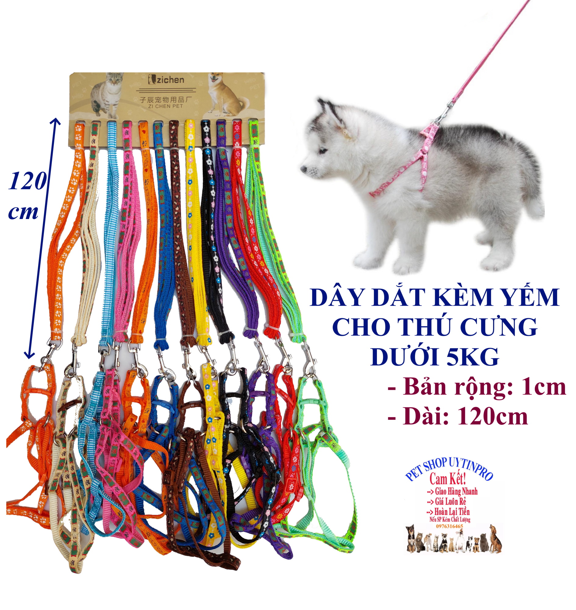 Dây dắt kèm yếm cho Chó Mèo Dưới 5kg Bản rộng 1cm Dài 120cm Zichen In hình bất kỳ Chất liệu dù cao cấp Bền Chắc, An toàn