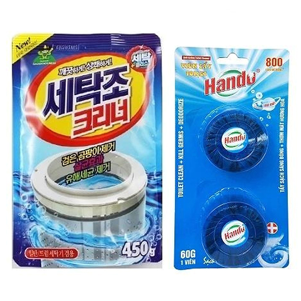 Combo gói bột tẩy vệ sinh lồng máy giặt siêu sạch 450g Korea + Vỉ 2 viên tẩy xanh khử mùi bồn cầu Hando