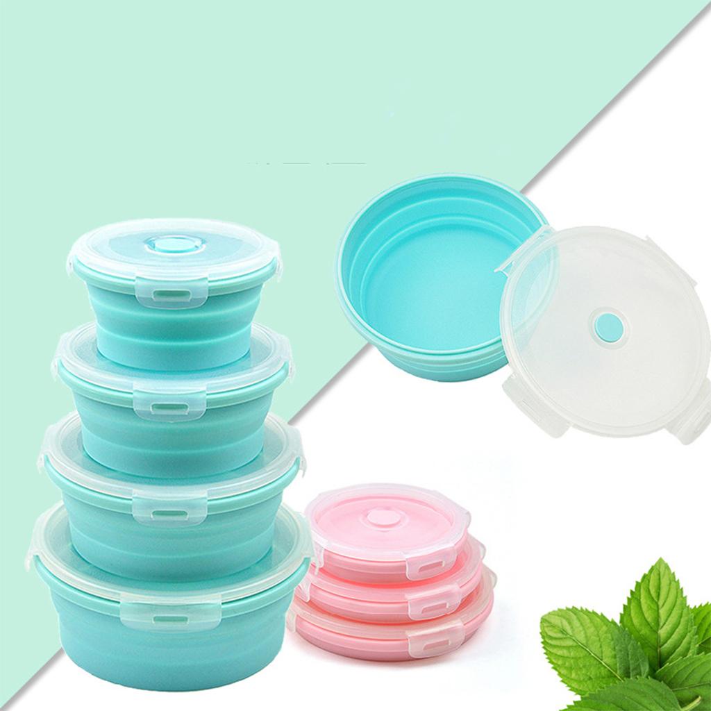 Round Lunch Container Food Grade Silicone Storage Collapsible Bowl with Airtight Lids Microwave Refrigerator Freezer Safe