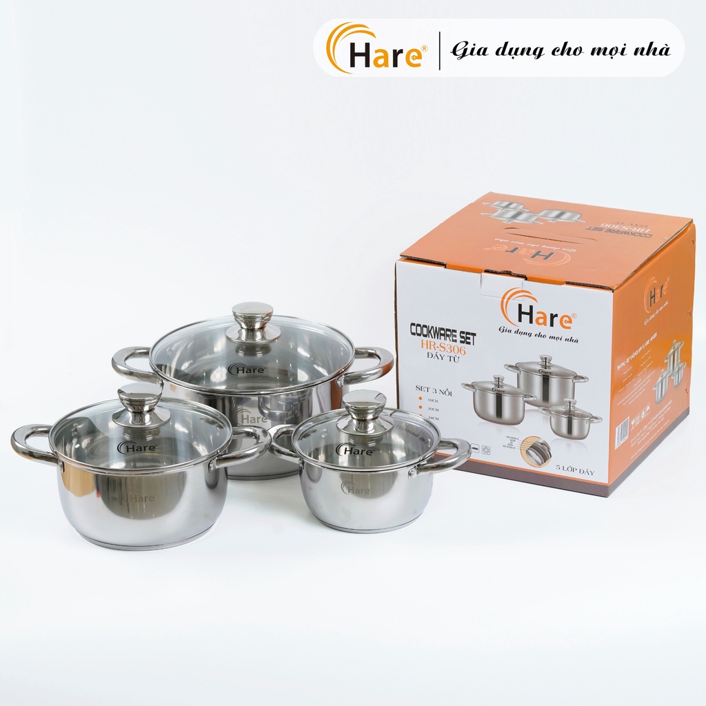 Bộ nồi inox đáy từ HR-S306 - thương hiệu Hare - lỗi 1 đổi 1