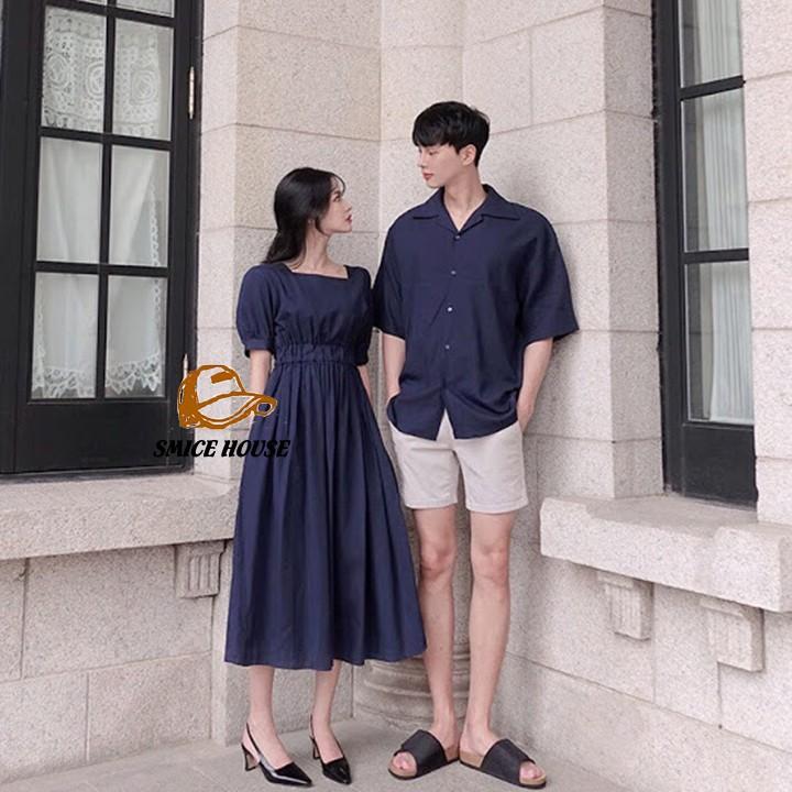 SET ĐỒ CẶP NAM NỮ, ÁO ĐÔI ĐẦM XÒE VÀ ÁO SƠ MI NAM DÀNH ĐỂ ĐI DU LỊCH CHỤP HÌNH CƯỚI ĐI BIỂN 2 MÀU XANH ĐỎ - SMICE HOUSE