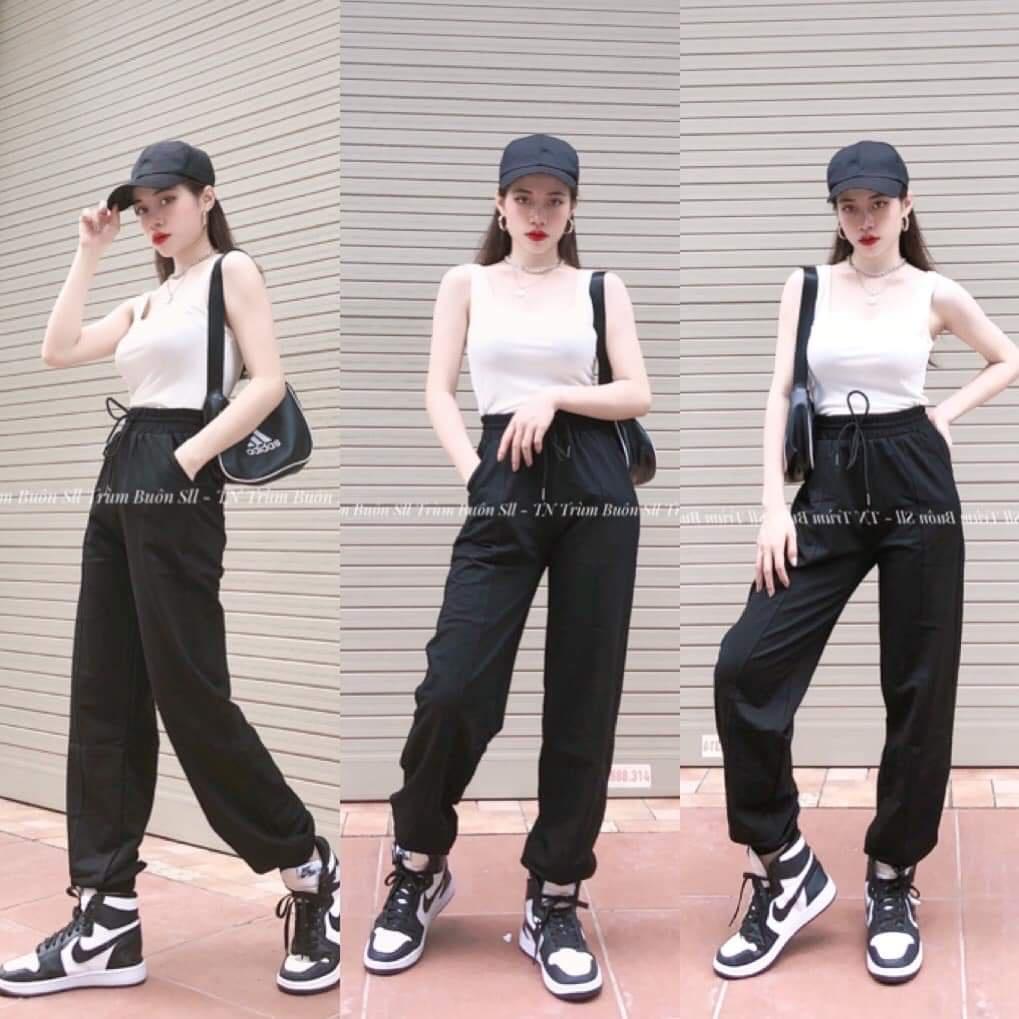 Quần jogger nữ bo gấu gân giữa vải thun da cá - Quần Harem lưng cao ống rộng phong cách Ulzzang bo gấu gân giữa