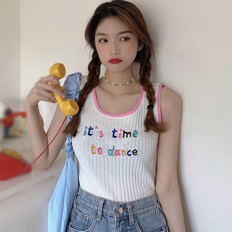 Áo Hai Dây Dệt Kim Thêu Chữ Phong Cách Hàn Quốc Cho Nữ