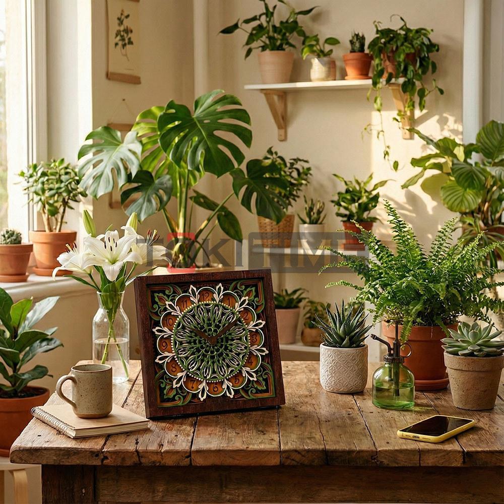 Đồng Hồ Để Bàn Gỗ Nghệ Thuật 3D - Khắc Laser - Kim Trôi Không Ồn