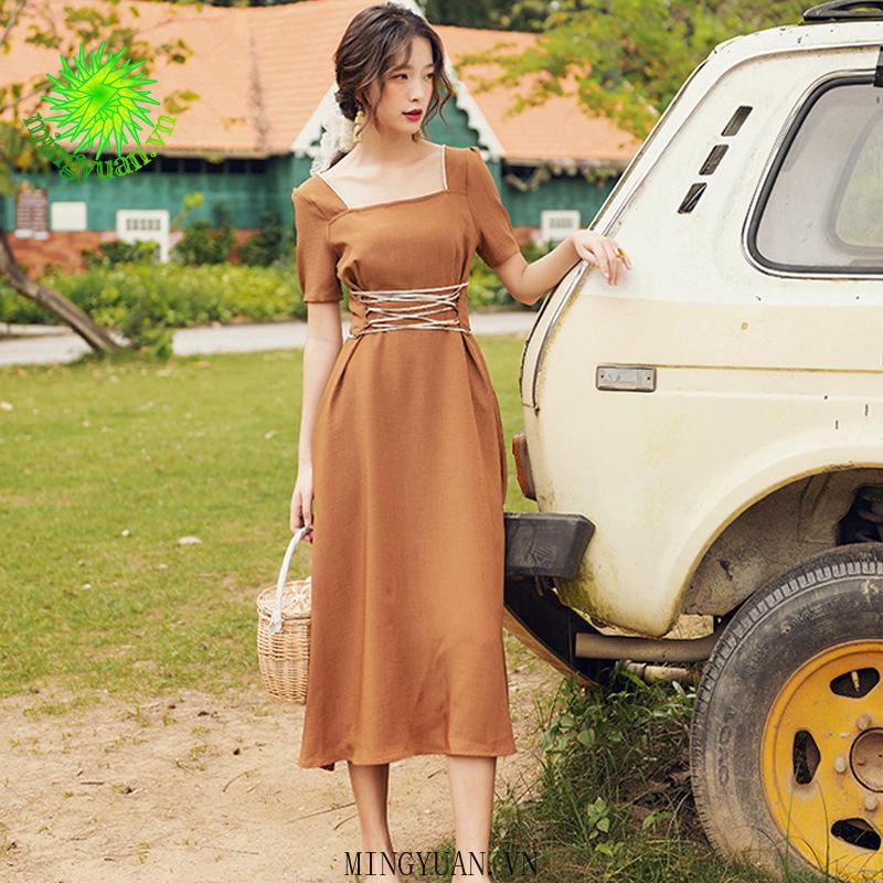 Đầm Nữ Dáng Dài Cổ Vuông Phong Cách Retro
