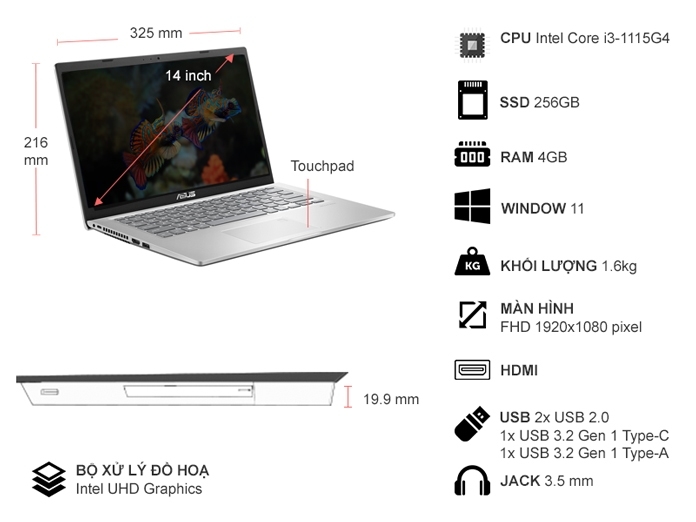 Laptop Asus VivoBook X415EA-EK675W i3-1115G4/4GB/256GB/Win11