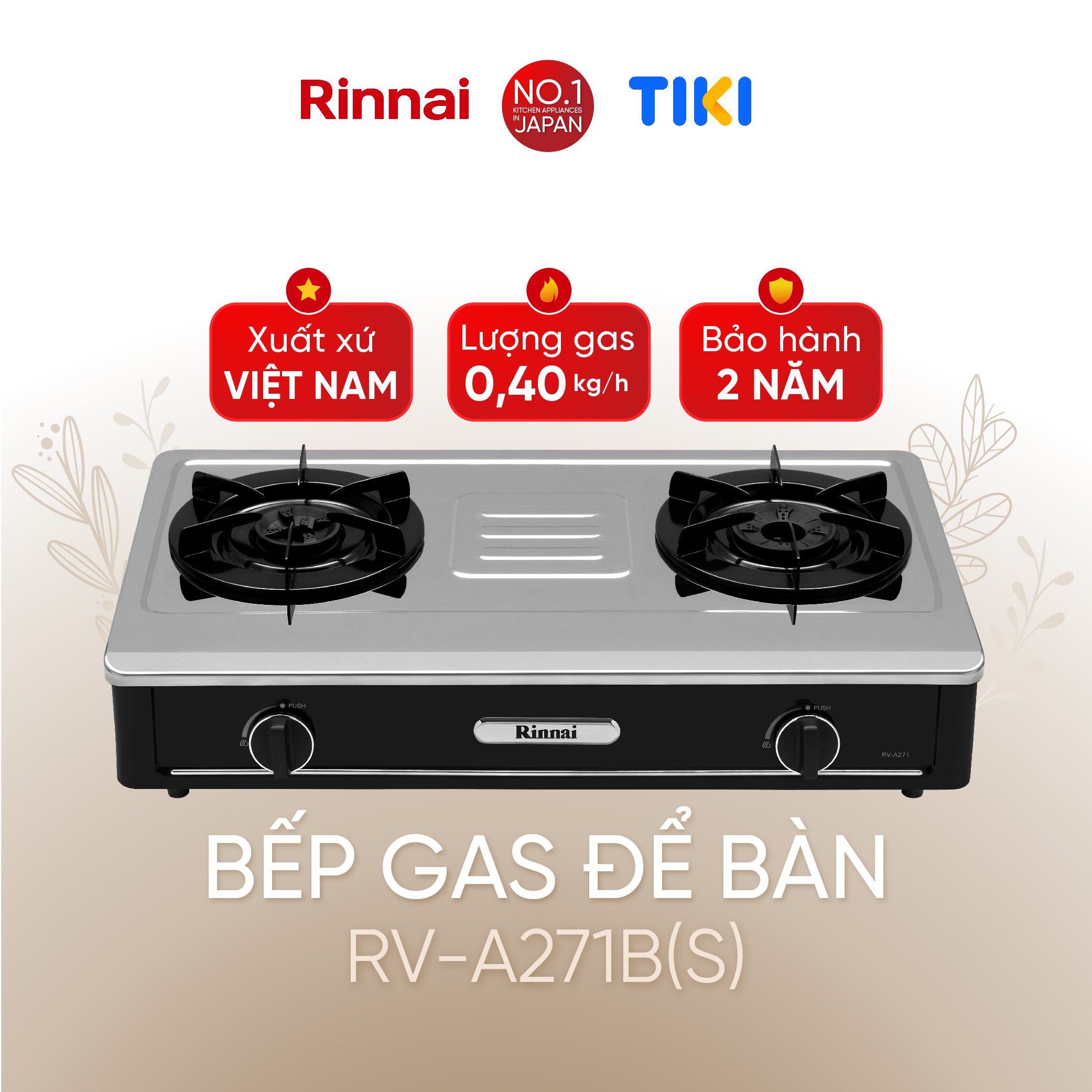 Bếp gas dương Rinnai RV-A271B(S) mặt bếp inox và kiềng bếp men - Hàng chính hãng.