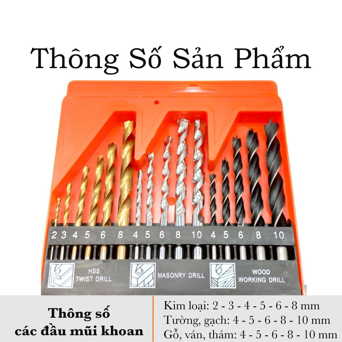 Bộ mũi khoan 16 mũi khoan, mũi khoan, mũi khoan đa năng, có 3 loại đầu khoan, khoan được gỗ, tường, gach, kim loại và sắt