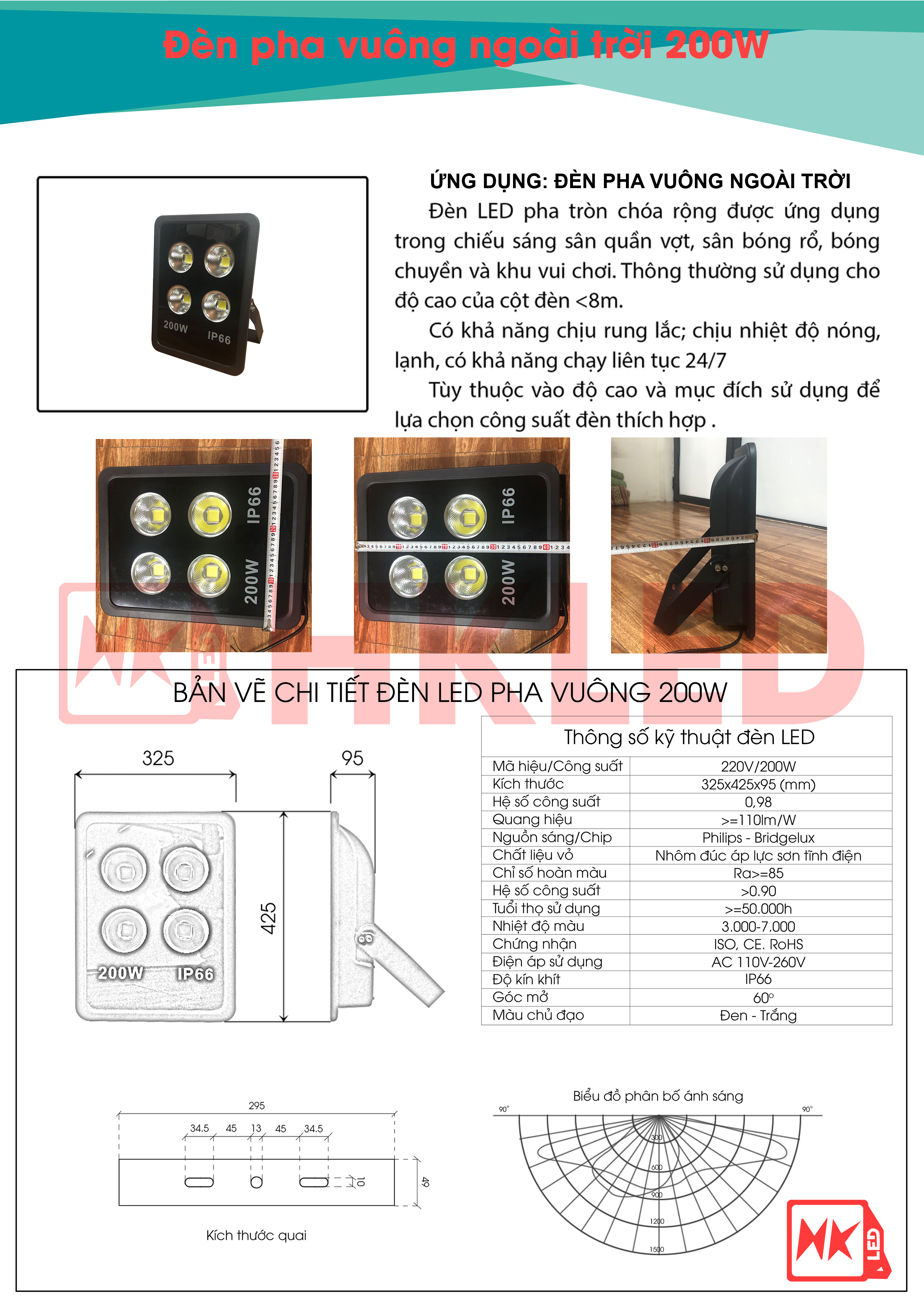 HKLED - Đèn pha tròn vuông LED ngoài trời 200W - IP65 - DPTV200