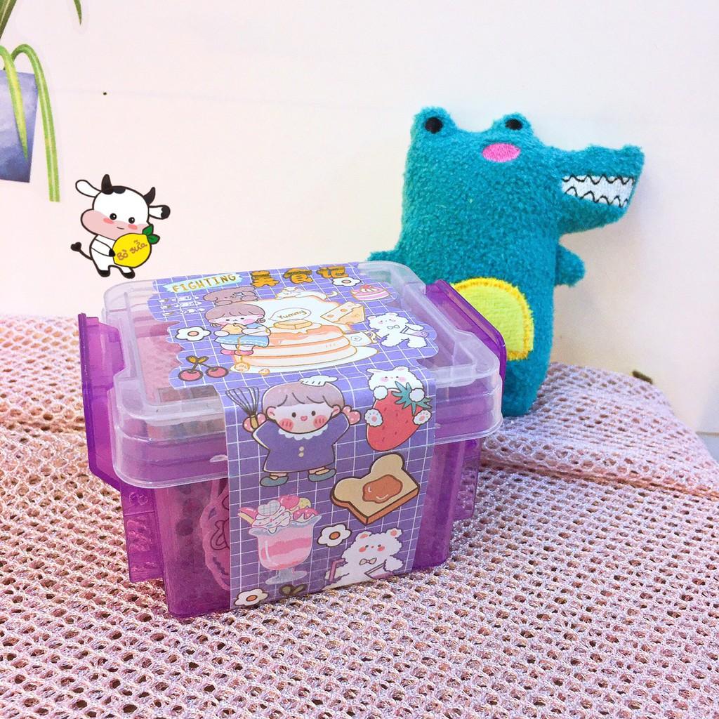 Set Hộp Nhựa Đựng Washi Tape Và Sticker Cute Đáng Yêu Gồm Nhiều Miếng Stickers Hình Cô Bé Gồm 30 Stickers 3 Cuộn Washi