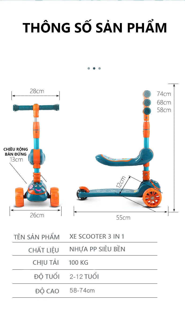 Xe Trượt Scooter Cao Cấp 3 Bánh Phát Sáng, Phát Nhạc có ghế ngồi tiện dụng cho bé 								