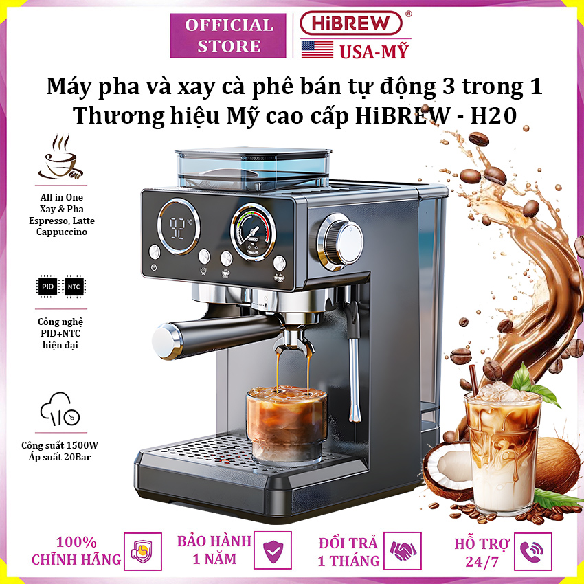 Máy pha và xay cà phê bán tự động 3 trong 1 Espresso, Cappuccino, Latte thương hiệu Mỹ cao cấp HiBREW H20 - Công suất 1500W 20bar - Hàng nhập khẩu