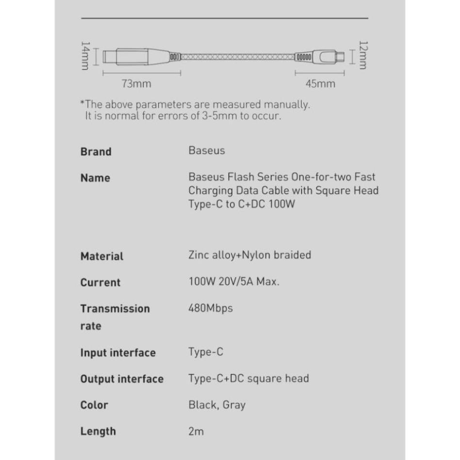 Cáp sạc đa năng Baseus 100W USB C Sang DC cho laptop Lenovo/ Asus/ Toshiba (CA1T2)- Hàng chính hãng