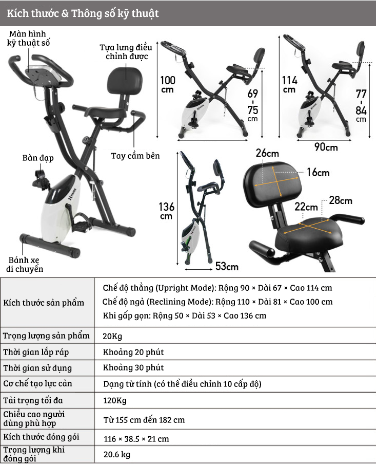 Xe đạp thể thao tại nhà gấp gọn 10 cấp độ kháng lực cảm biến nhịp tim hoạt động êm ái tải trọng 120kg